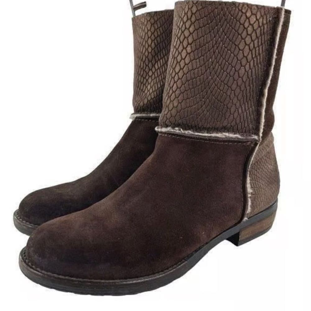 Sundance Brown Suede Leather Python Shimmer Snake Patchwork Sherpa Boots